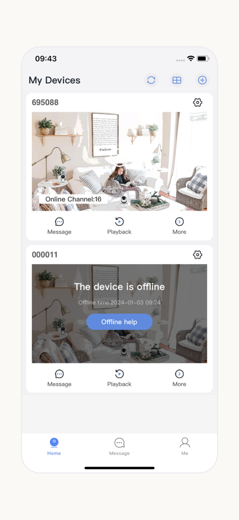 HiEasy app interface showing a list of connected security cameras with live previews and device management options