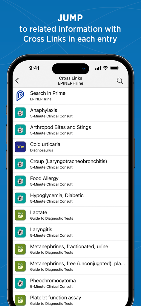 Medicine Central - Medicine Central app interface displaying cross links feature for clinical reference navigation and medical information search