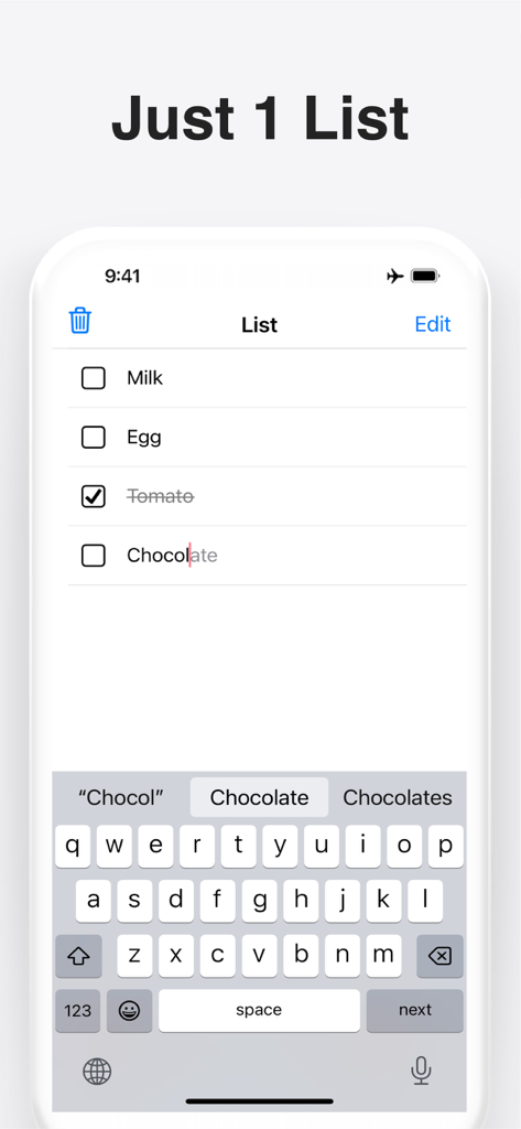 1つの画面にシンプルな食料品リストが表示された、ミニマリストなToDoリストアプリのインターフェース