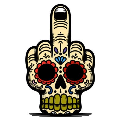 a middle finger in a sugar skull