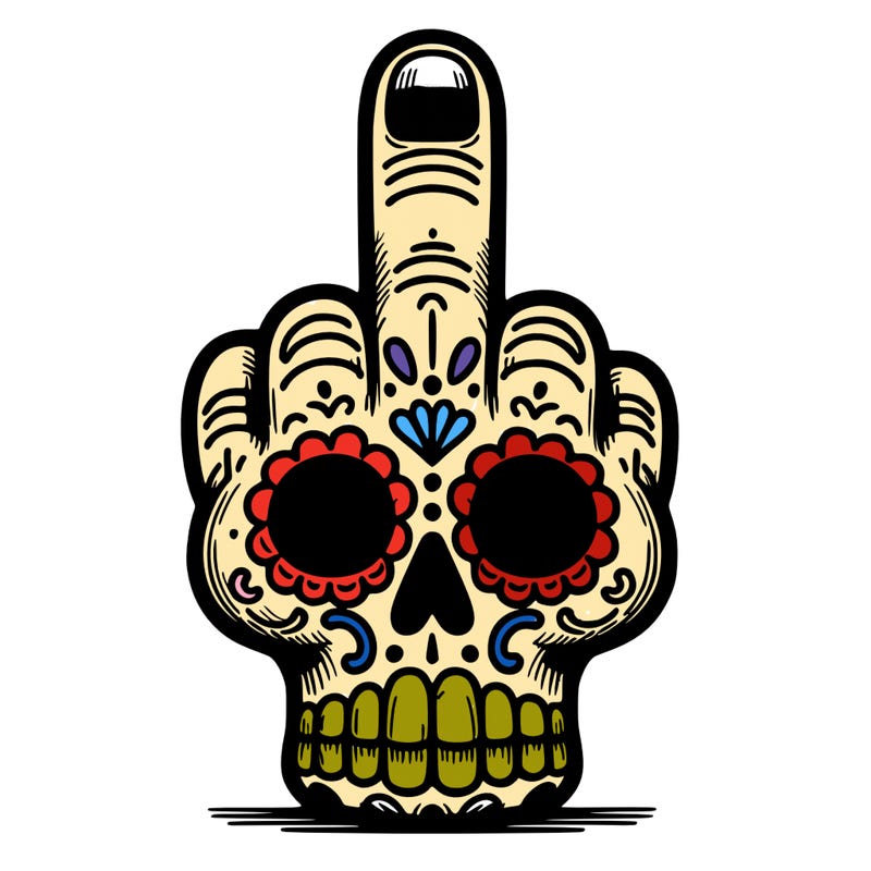 a middle finger in a sugar skull