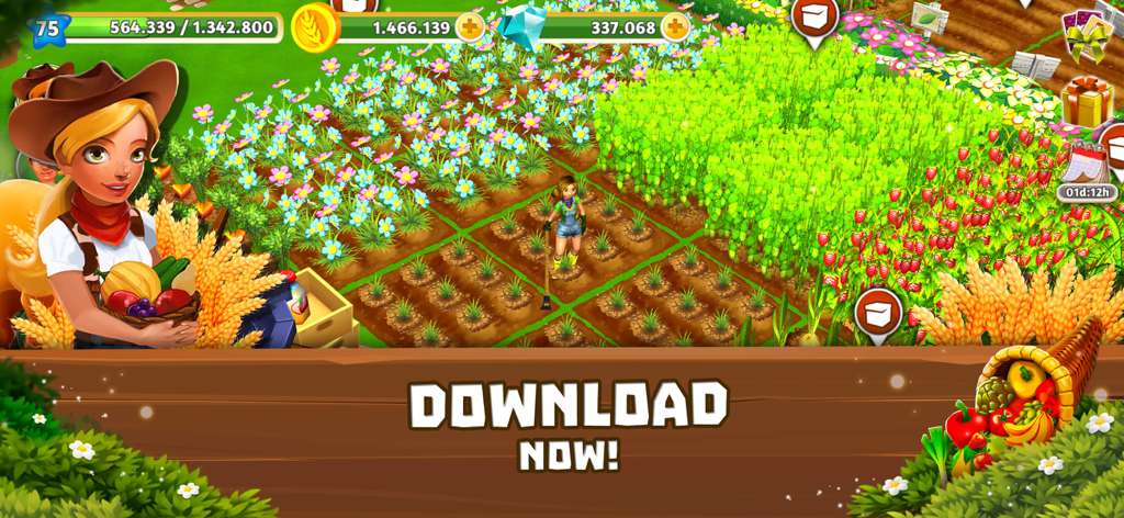 Una colorida escena de granja 3D en MyFreeFarm2 con campos de cultivos de flores florecientes y una chica sosteniendo una cesta de cosecha