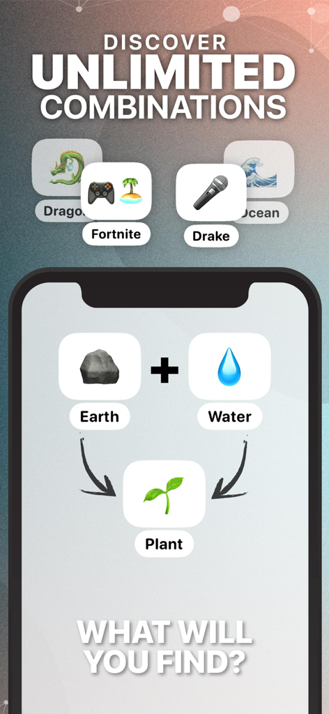 Infinite Craft AI Alchemist - A screenshot of Infinite Craft AI Alchemist app showing how combining Earth and Water elements creates a Plant.