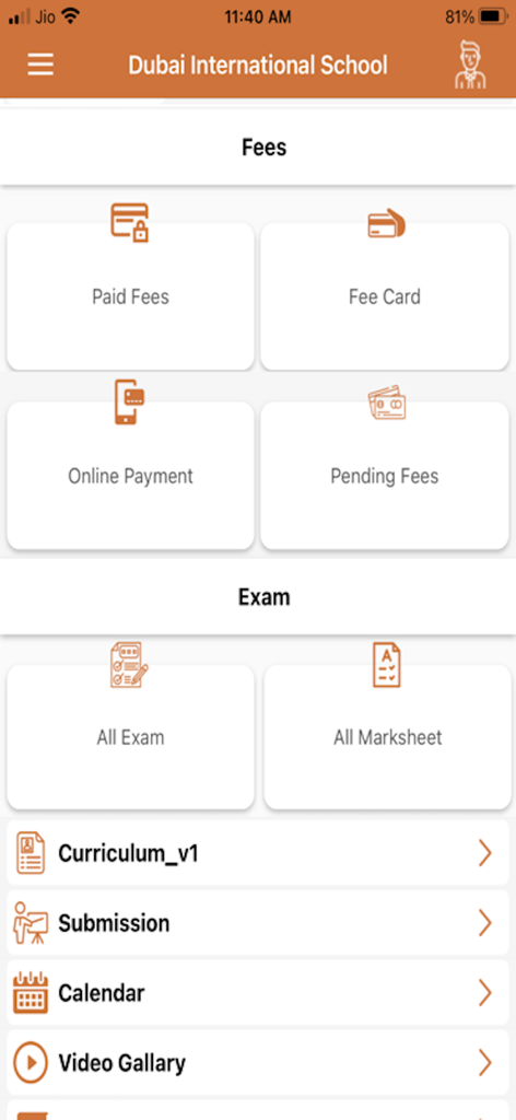 Dashboard von My School Apps mit Abschnitten für Gebührenverwaltung, Prüfungsergebnisse und Schulkalender