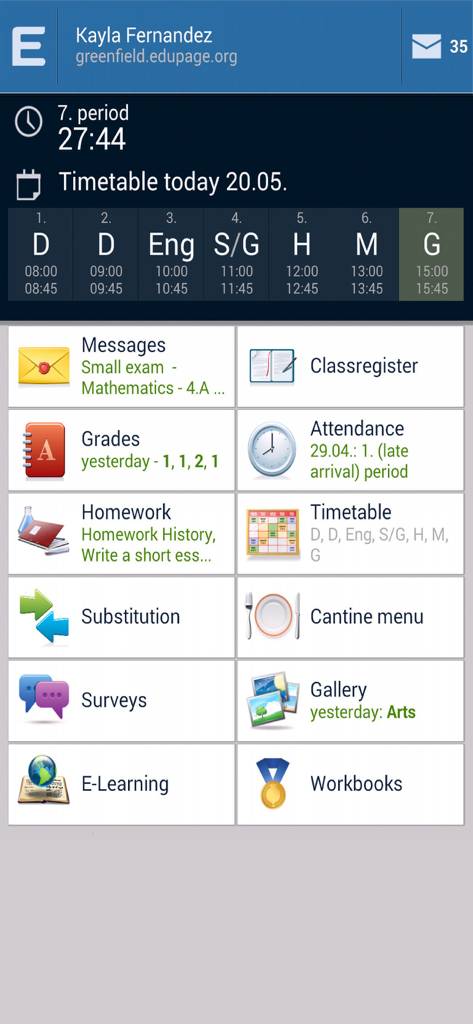 Tableau de bord de l'application mobile EduPage affichant l'emploi du temps scolaire, les notes et diverses fonctionnalités de gestion des élèves