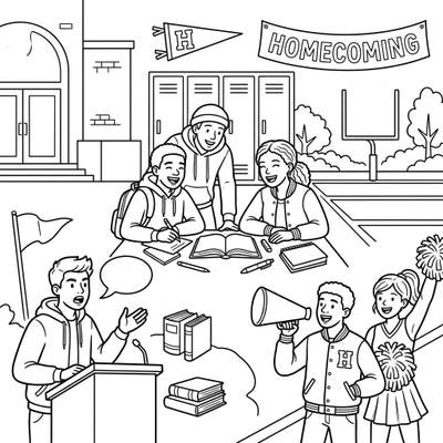 Explore the dynamic world of high school with this engaging coloring page, ideal for young artists who love school spirit. Join students as they study, give speeches, and cheer for Homecoming in a vibrant campus setting.