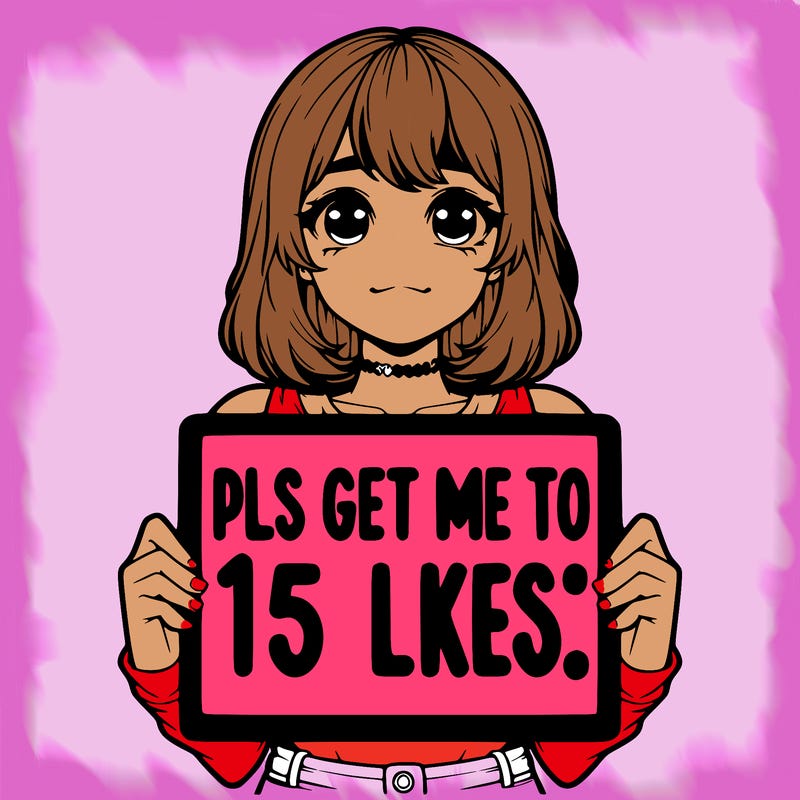 realistic girl holding up a sign that says “pls get me to 15 likes!”