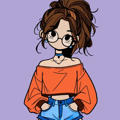 girl with a messy ponytail glasses a baggy crop top and jean shorts