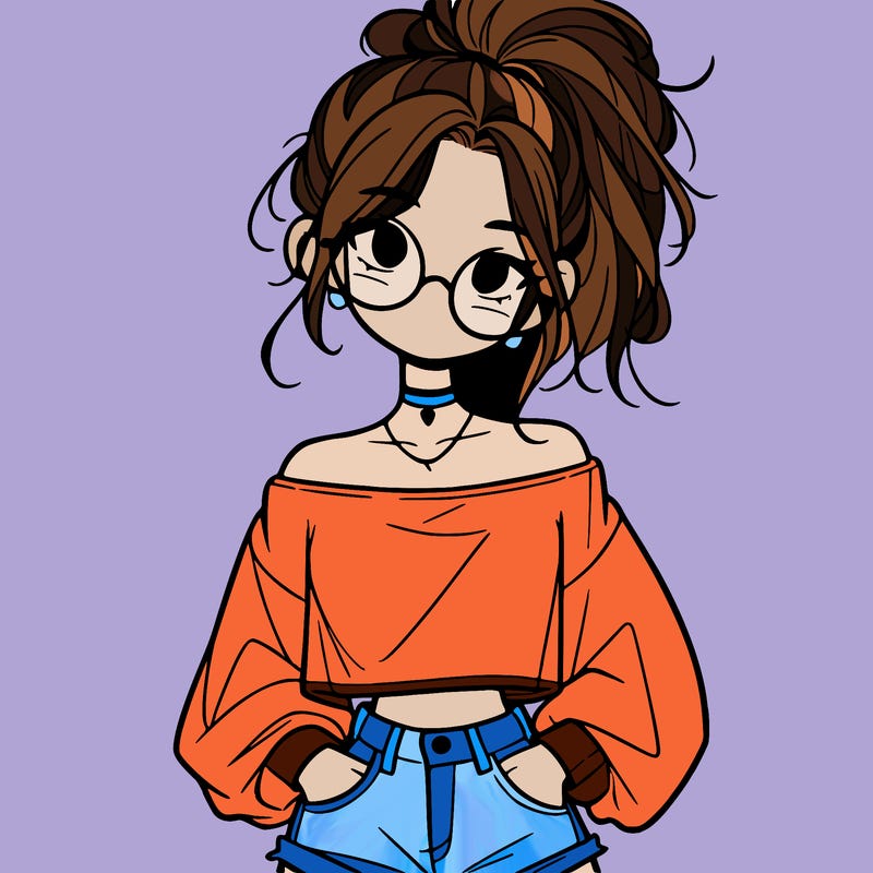 girl with a messy ponytail glasses a baggy crop top and jean shorts