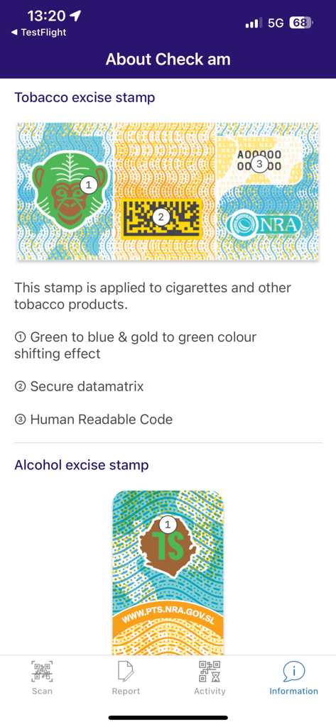 Check Am app screen showing security features for tobacco and alcohol excise stamps