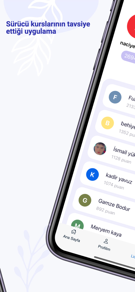 Ehliyethane app interface showing a leaderboard of students with their earned points