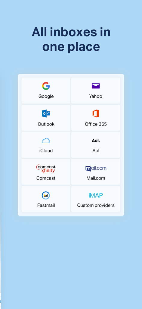 A grid of popular email provider logos including Google Yahoo Outlook and iCloud under the headline All inboxes in one place.