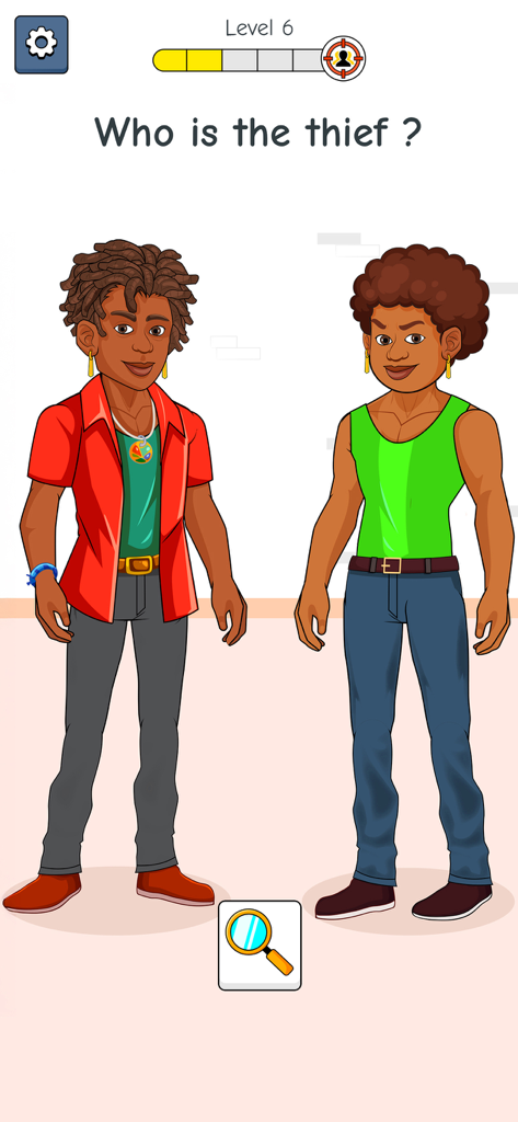 A brain game level from Detective IQ 2 asking the player to identify the thief among two suspects.