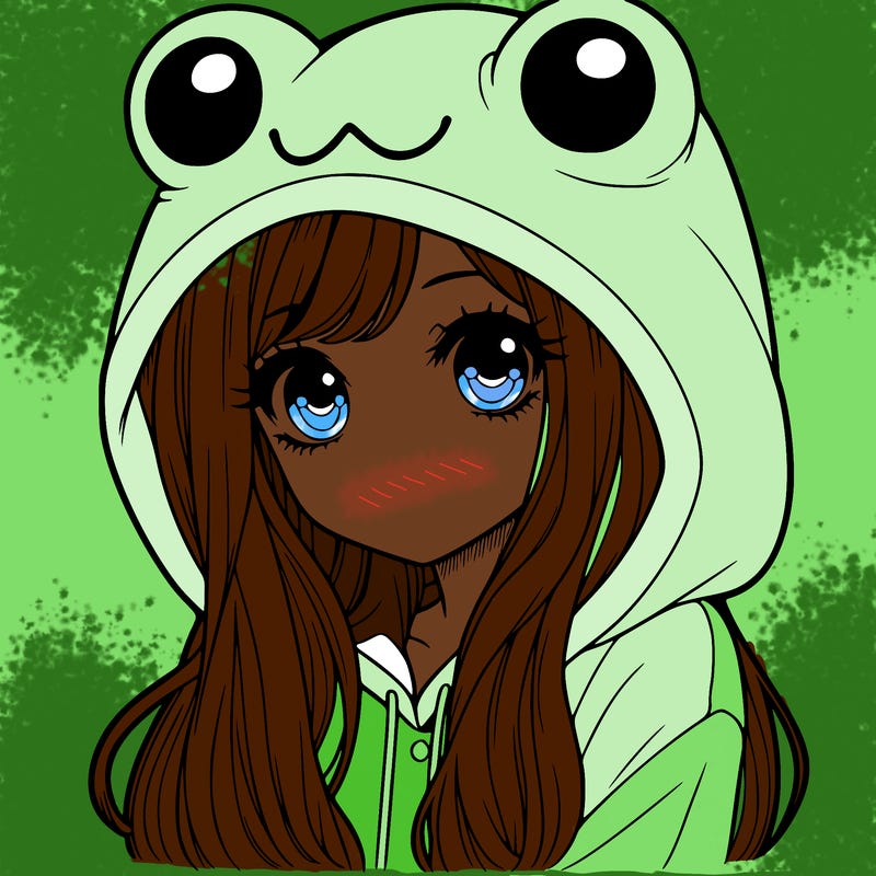 a pretty girl wearing a frog hoodie portrait with long hair