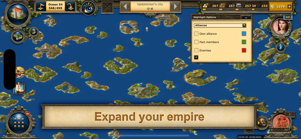 Grepolis - Divine Strategy MMO - Captura de pantalla del juego Grepolis mostrando un mapa del mundo de islas en la Antigua Grecia con un banner que dice 'Expande tu imperio'