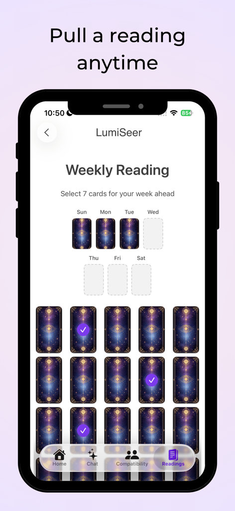 LumiSeer: Tarot & Astrology - A smartphone screen displaying the LumiSeer app weekly tarot reading feature where users select seven cards for the week ahead.