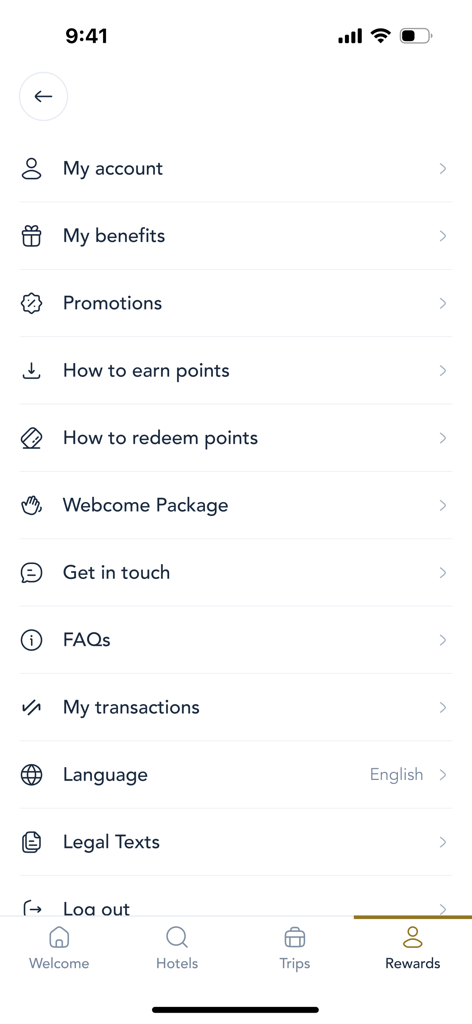 Palladium Hotel Group - L'écran de gestion des récompenses et du compte de l'application mobile Palladium Hotel Group affiche les options d'avantages et de promotions.