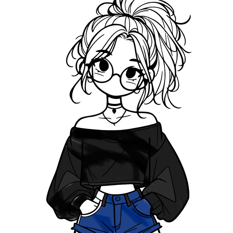 girl with a messy ponytail glasses a baggy crop top and jean shorts