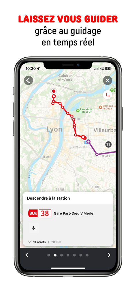 TCL - Smartphone screen showing real-time bus route guidance on a map of Lyon in the TCL app