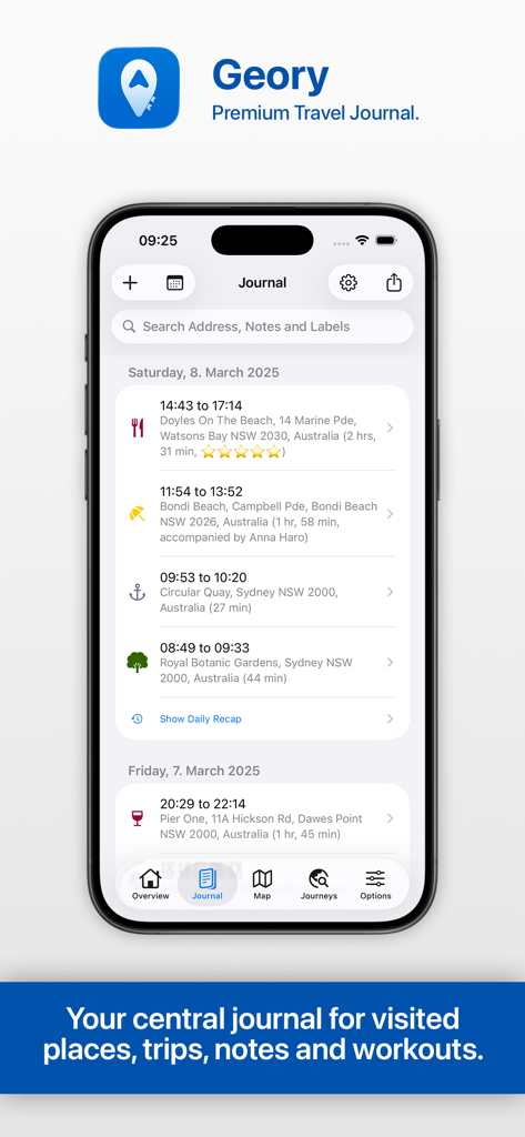 Smartphone screen showing the Geory app journal with a chronological list of visited locations and travel notes.