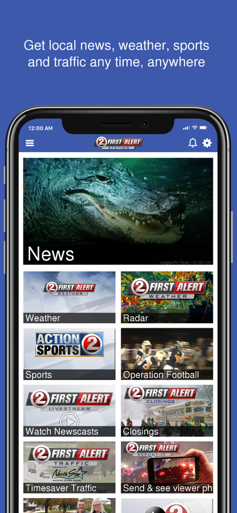 Pantalla de inicio de la aplicación WBAY Action 2 News con categorías de noticias locales, clima y tráfico