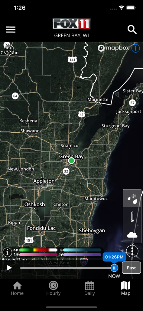 FOX 11 Weather - FOX 11 Weatherアプリのインタラクティブレーダーマップに、グリーンベイとノースイースト・ウィスコンシン地域が表示されている