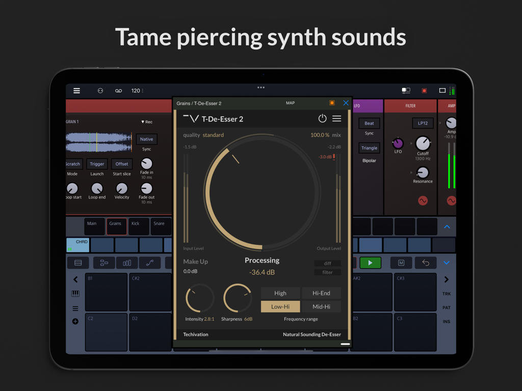 T-De-Esser 2 - T-De-Esser 2 Plugin-Oberfläche auf einem iPad, die Audiobearbeitungsregler zur Zähmung von Synth-Sounds zeigt