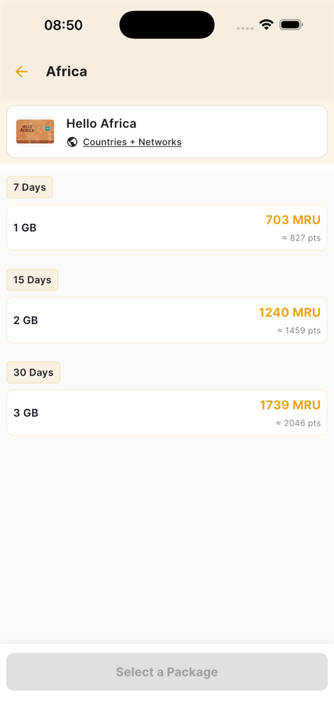 Master Voyages - Master Voyages mobile app showing travel data packages for Africa