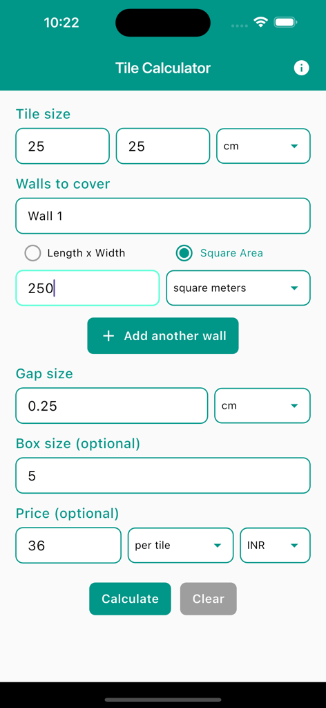 Interface of the Tile Calculator app showing input fields for tile size wall area gap size and price estimation