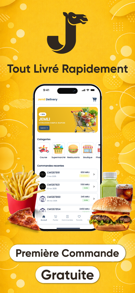 Jemli - Jemli mobile app interface displaying delivery categories and a free first order promotion