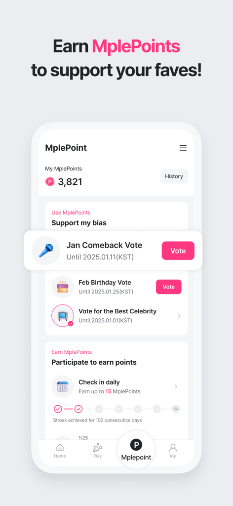 Mnet Plus app screen showing MplePoints rewards and Kpop artist voting options
