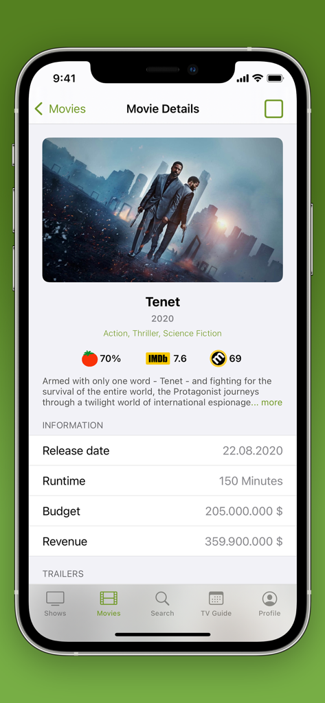 Schermata dei dettagli del film per Tenet in The WatchApp 2 che mostra i voti di Rotten Tomatoes e IMDb