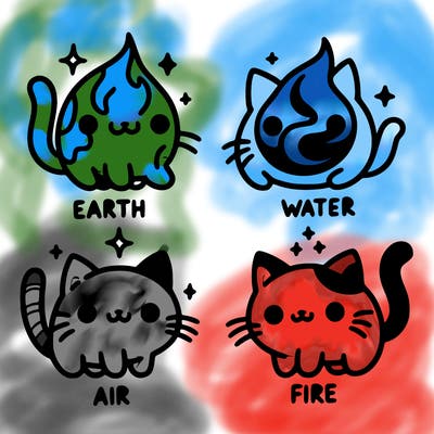 4 cats that represent the different elements, earth, water, air, and fire