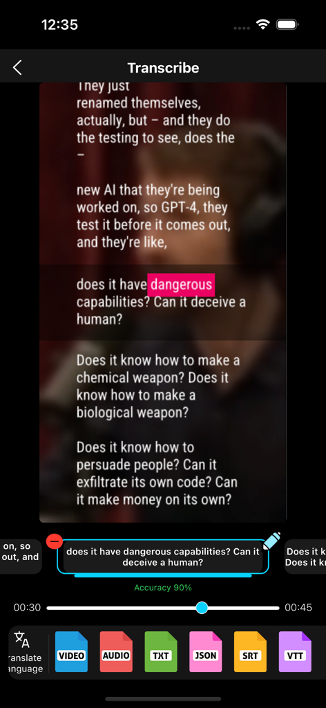 Transcribe 앱의 인터페이스로, 동영상 자막 편집 및 SRT 및 VTT와 같은 여러 내보내기 형식 표시