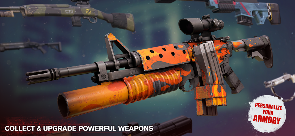 A display of customized assault rifles and firearms in the Into the Dead 2 armory menu