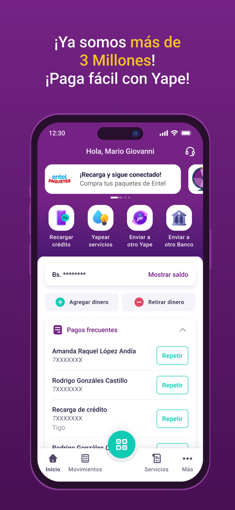Yape Bolivia - Tela inicial do app de carteira digital Yape Bolívia exibindo opções de pagamento e transações frequentes