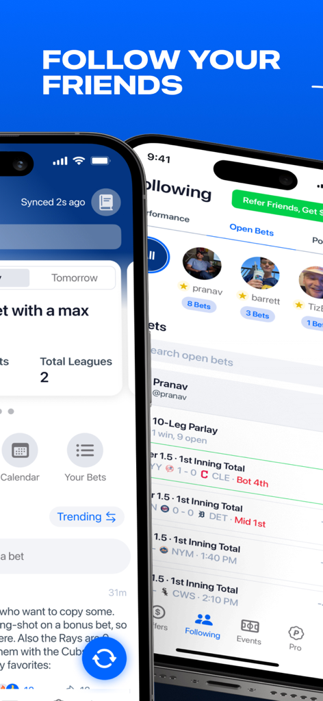 友達をフォローし、検証済みのスポーツベットを表示するPikkitアプリのソーシャル機能を紹介するスクリーンショット