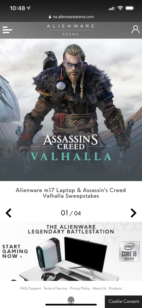 Alienware Arena app interface featuring an Assassin's Creed Valhalla promotion and a legendary gaming battlestation.