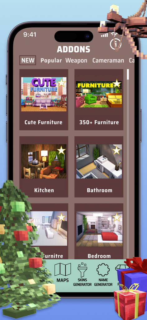 Mobile app interface for Addons and Ores for Minecraft showing a selection of furniture mods and navigation categories