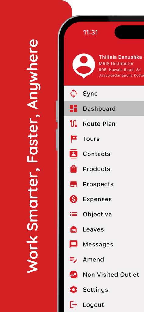 vantage MRIS - Side navigation menu of the vantage MRIS app showing features like route planning and contacts
