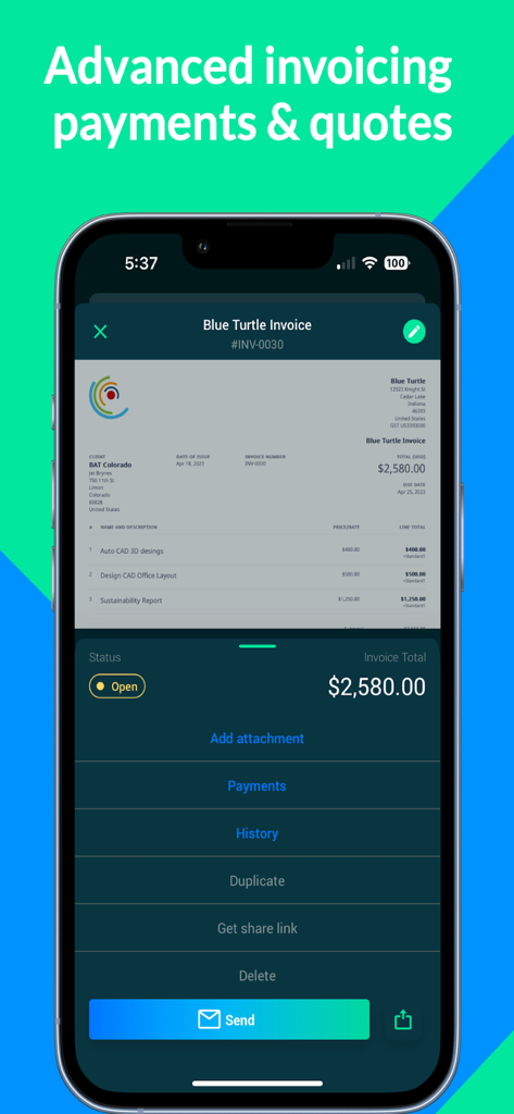 Screenshot dell'interfaccia dell'app Fiskl che mostra una fattura professionale e opzioni di gestione su uno smartphone.