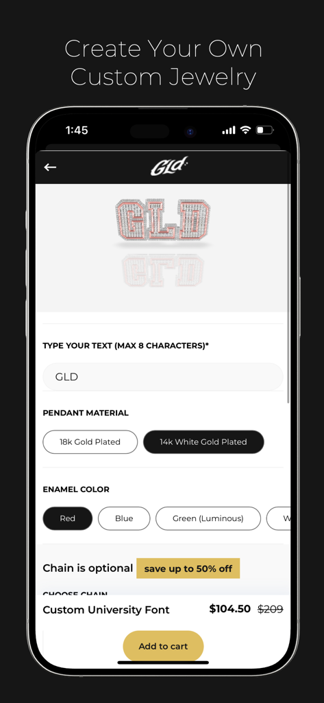 The GLD Shop - A screenshot of The GLD Shop app showing the custom jewelry creation tool for personalized pendants.
