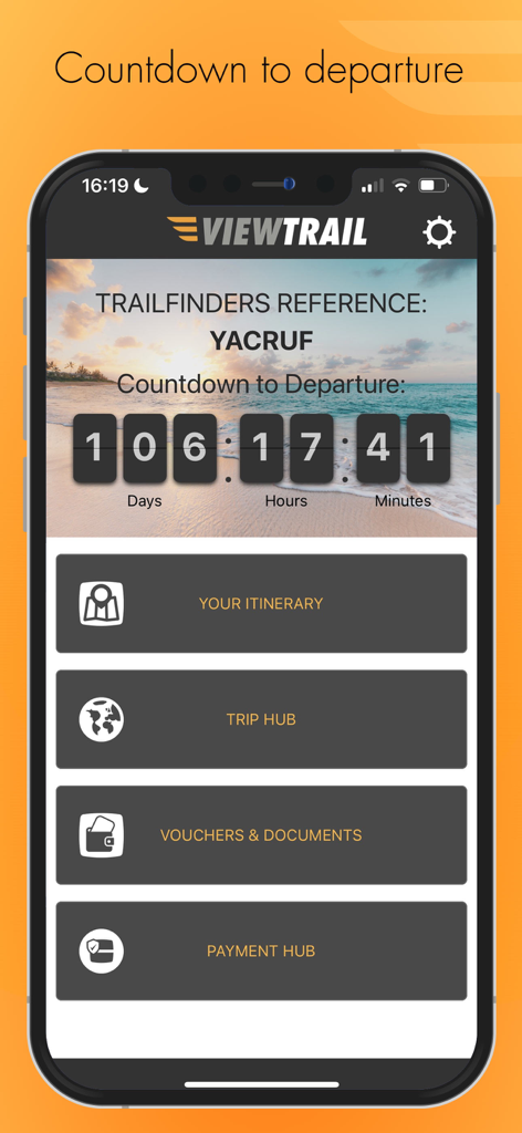 ViewTrail app dashboard showing a countdown to departure and menu options for itinerary, trip hub, and travel documents.
