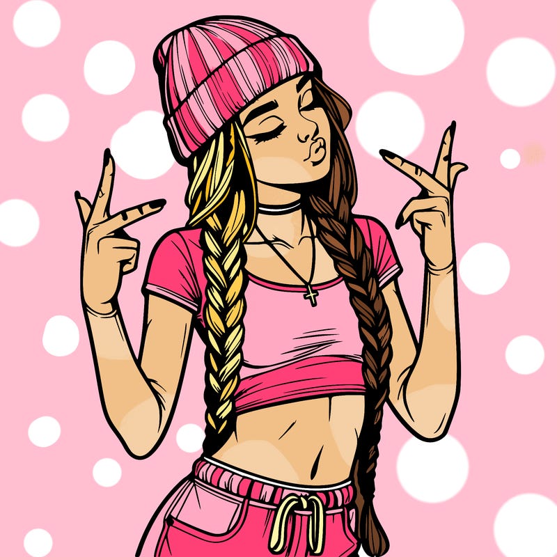 realistic teenage girl with braids and a beanie and crop top doing 🫶🏼