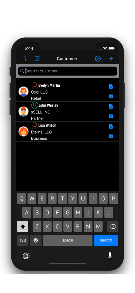 Customer Management - Contacts - Écran d'iPhone montrant une liste de clients professionnels avec une barre de recherche et les détails de l'entreprise en mode sombre