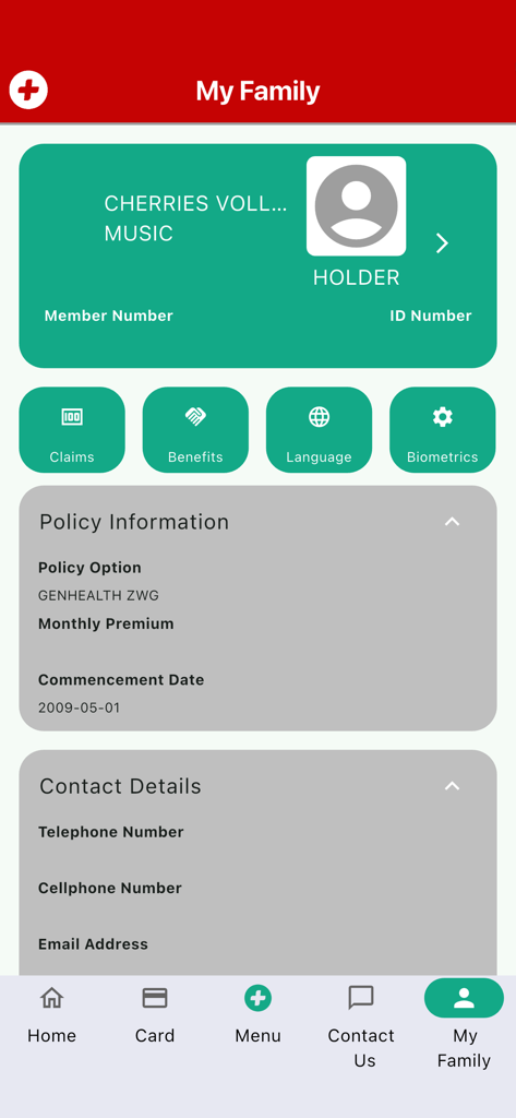 Generation Health - Generation Health app interface showing family member policy information and medical fund benefit options