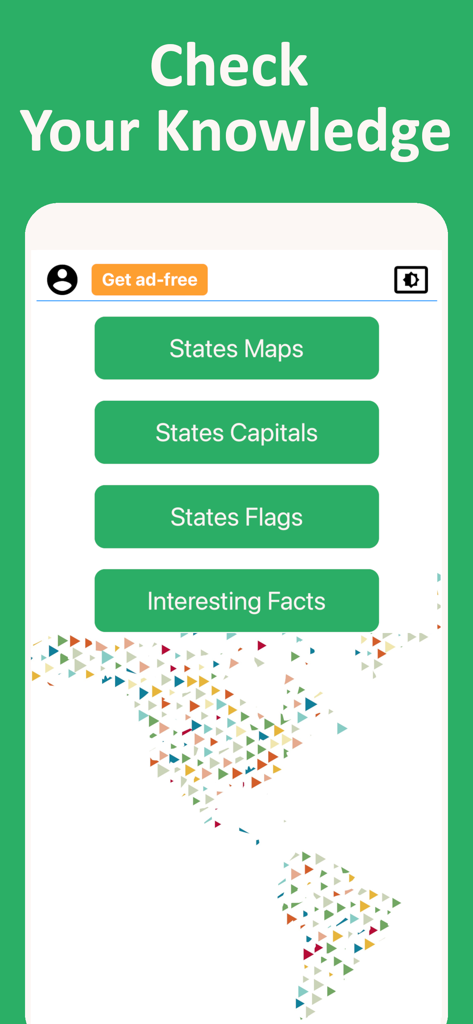 Main menu of the 50 States and US Capitals Game app showing quiz categories for maps capitals and flags