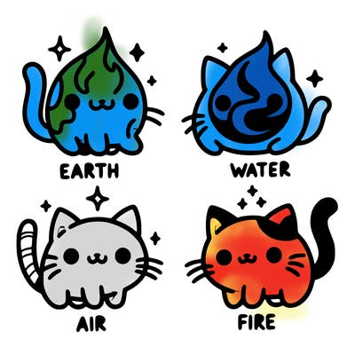 4 cats that represent the different elements, earth, water, air, and fire