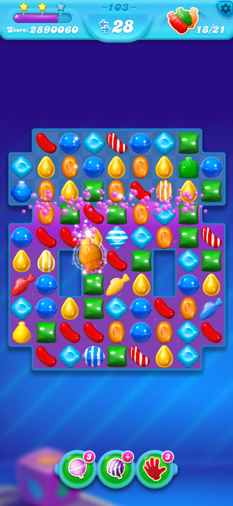 Candy Crush Soda Saga - A vibrant match 3 puzzle board from Candy Crush Soda Saga showing colorful candies and fizzy soda bubbles.