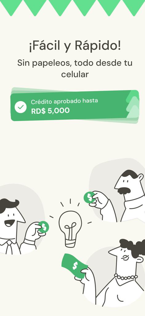 Giro Crédito - Tela do aplicativo móvel Giro Crédito mostrando a aprovação rápida de um empréstimo de 5000 pesos dominicanos com texto em espanhol e ilustrações de desenhos animados.